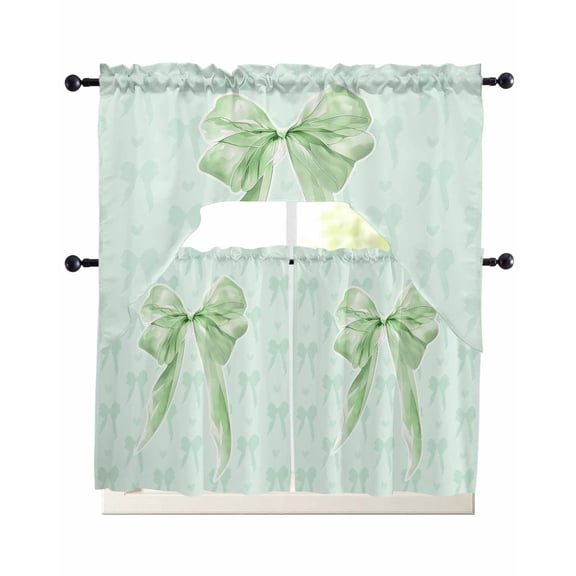 Green Bow Swag Kitchen Curtains Sets for Windows 24 Inch Length, Cute Bowknot Minimalist Solid Color Short Window Curtain Panels Swags Valances and Tiers 3 Piece Set for Cafe/Dining Room