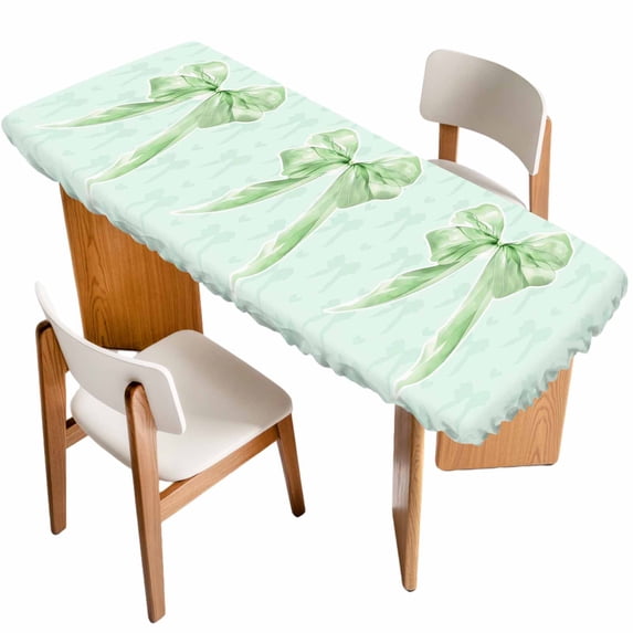 Green Bow Table Cloths for 8 Foot Rectangle Tables, Cute Bowknot Minimalist Solid Color Patio Waterproof Elastic Fitted Tablecloths, Washable Rectangular Table Cover for Camping