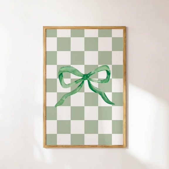 Green Bow Wall Art, Checkered Coquette Print, Sage Green Aesthetic, Trendy Dorm Room Decor, Cottagecore Art, Preppy Bow Poster Wall Art, Modern Wall Decor, 8x12 UNFRAMED