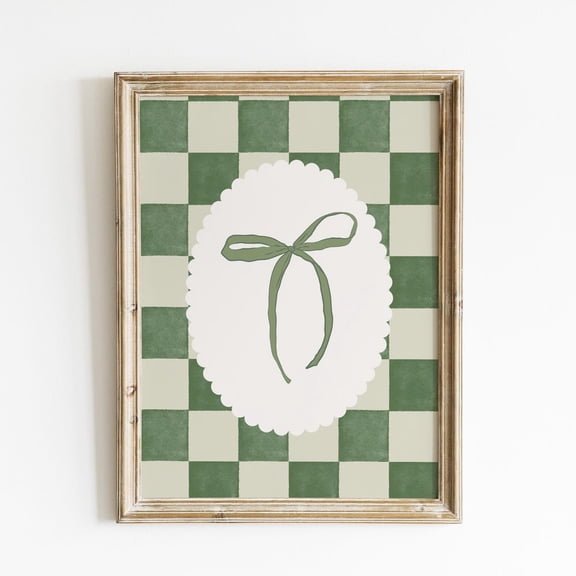 Green Bow Wall Art Print: Rustic Checkered Cottagecore Home Decor Office Wall Art