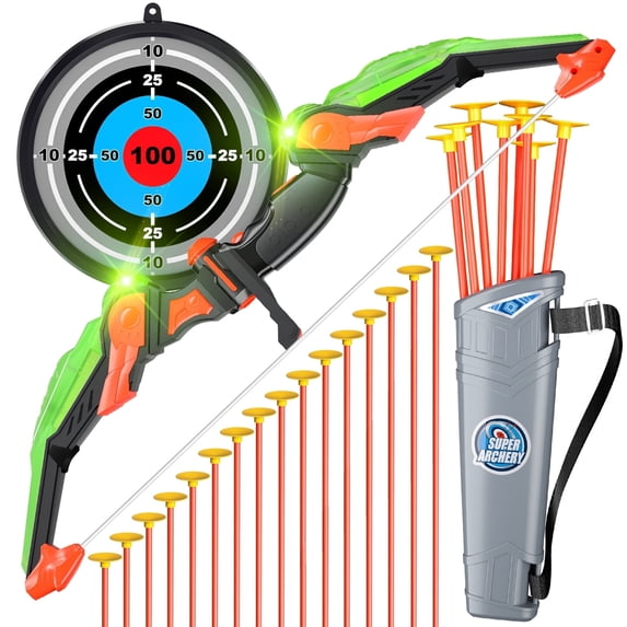 MAVOLIO Kids Bow and Arrow Set with LED Light Up, Kids Archery Set Outdoor Indoor Sport Toys for Boys Girls Ages 4-12, 16 Suction Cup Arrows with Standing Target & Quivers