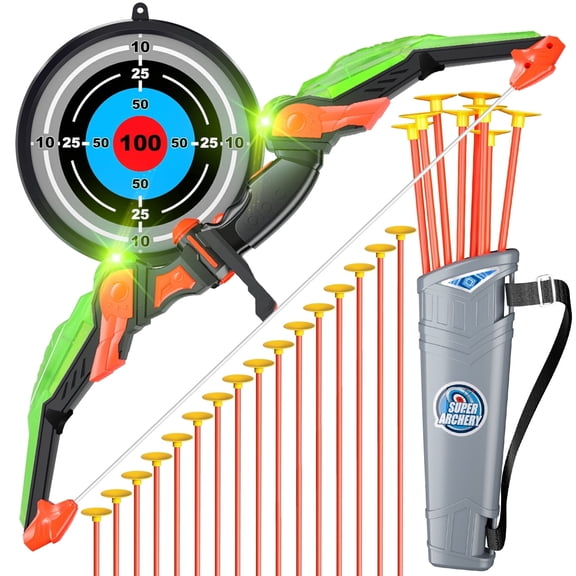 MAVOLIO Kids Bow and Arrow Set with LED Light Up, Kids Archery Set Outdoor Indoor Sport Toys for Boys Girls Ages 4-12, 16 Suction Cup Arrows with Standing Target & Quivers