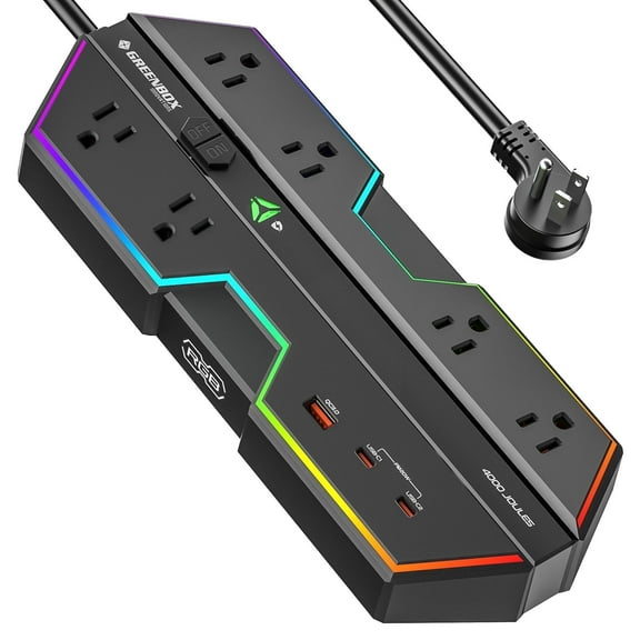 Green Box Innovations 6 Outlets Surge Protector Power Strip 4000J with 2 USB-C & USB-A Ports Fast Charging, Supports Multiple RGB lights effect and Wide-Spaced Outlet Perfect for e-Sports, Game PC