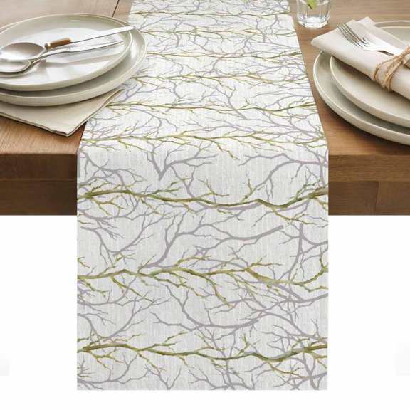 Green Branch Table Runner 13x36 Inch Rustic Minimalist Tree Limb Twig Botanical Woodland Cotton Linen Dining Table Runner Ideal for Dresser Kitchen Coffee Tables - Machine Washable
