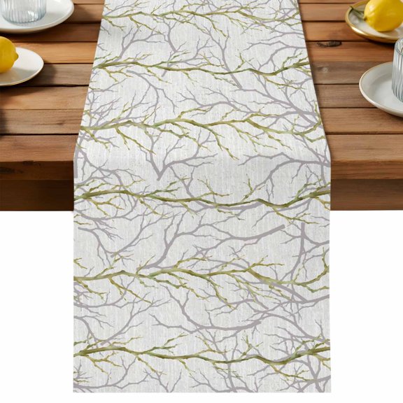 Green Branch Table Runner, Rustic Minimalist Tree Limb Twig Botanical Woodland Cotton Linen Table Cloth, Tablerunner for Kitchen Dining Party Wedding Home Decor 13x36 Inch