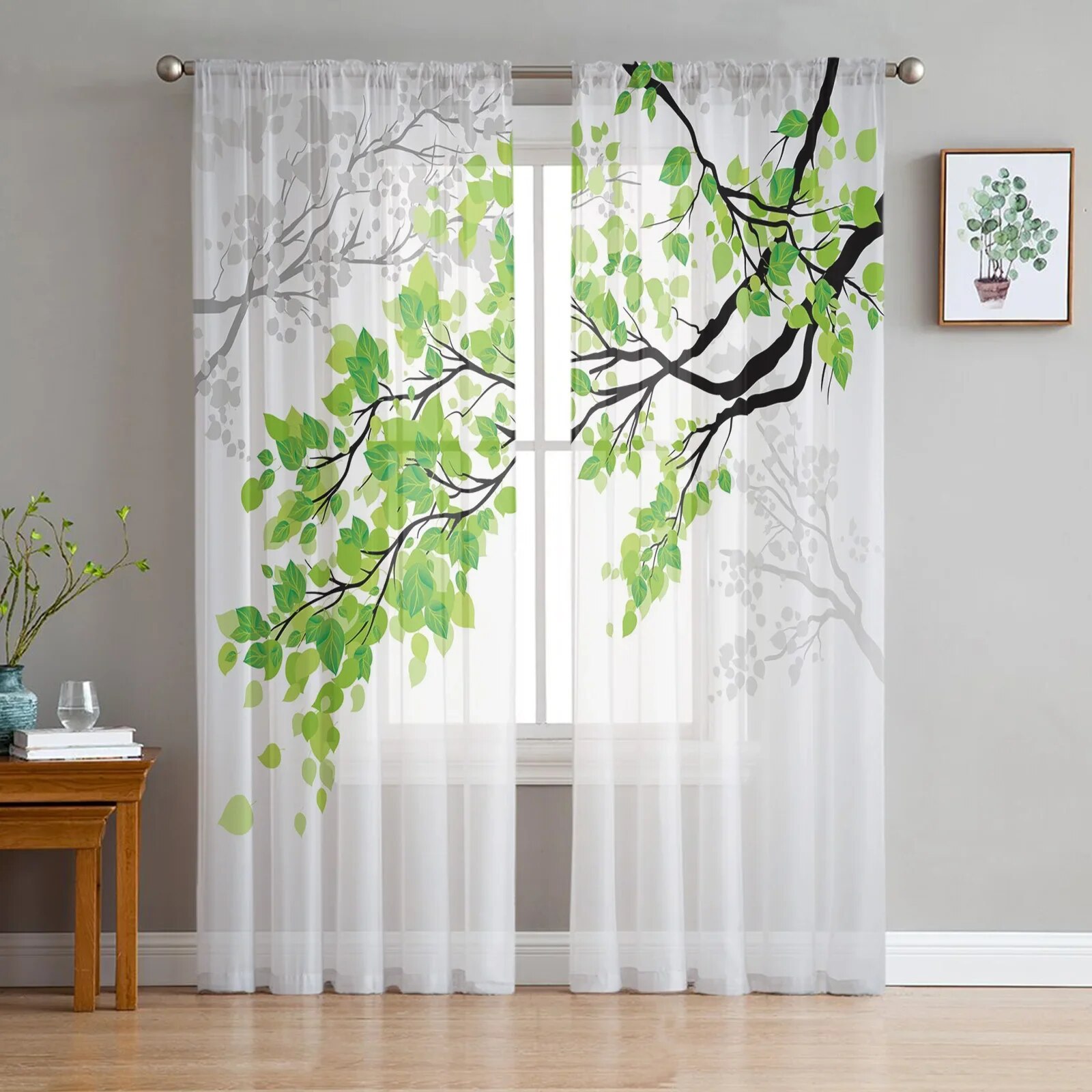 Green Branches Plant Leaves Tree Tulle Sheer Curtains for Living Room ...