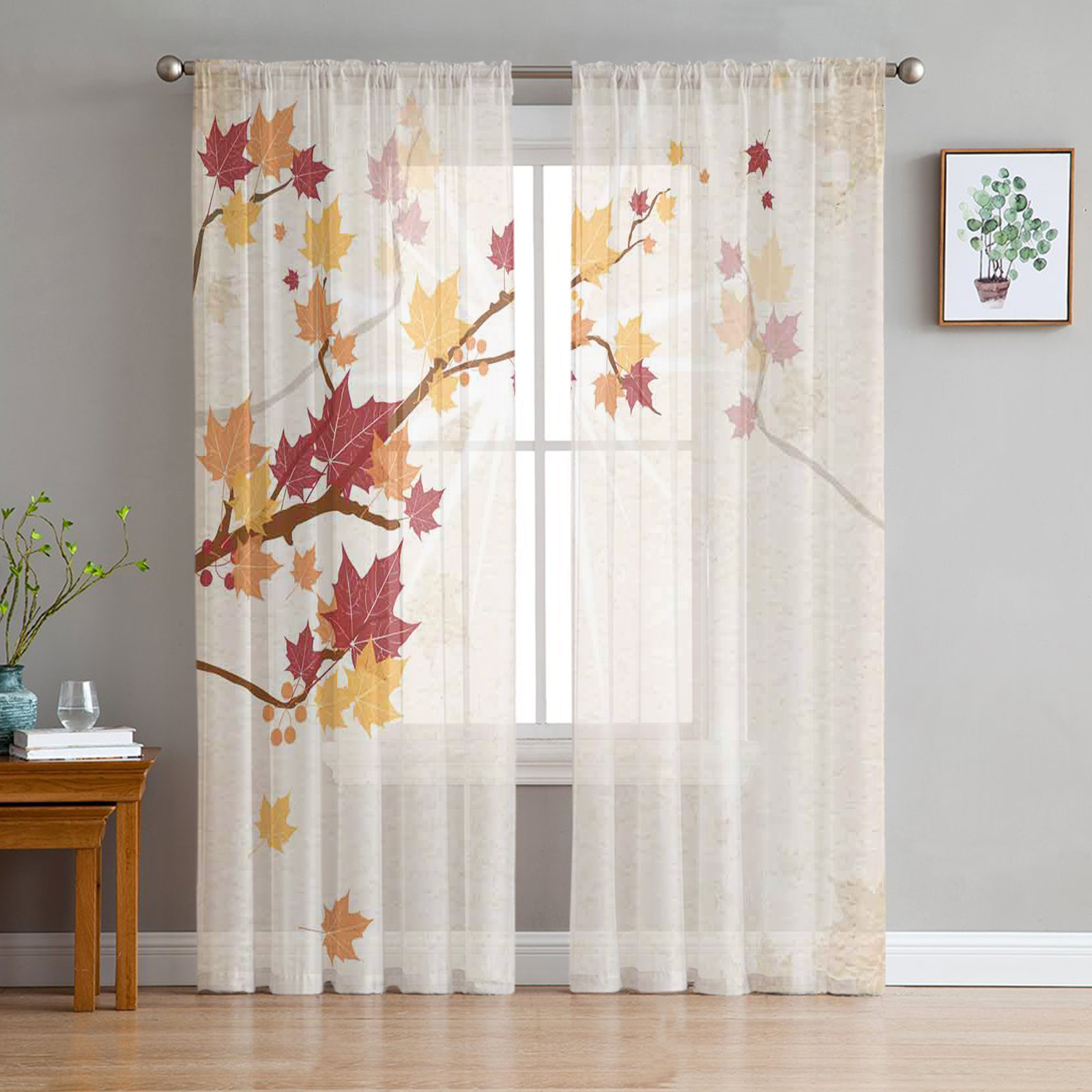Transparent Rations Green Branches Plant Leaves Tulle Curtains for Living Room Bedroom ...