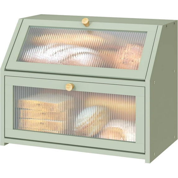 Green Bread Box for Kitchen Counter, Large Bamboo Wood Double Layer Bread Box, Wooden Bread Storage Capacity