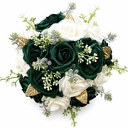 Green Bridal Bouquet with White Roses, 6.7 x 9.1 Inch Artificial Silk Flower Wedding Bouquet for Bride Bridesmaid, Emerald Green Rose Arrangement for Ceremony, Reception, Anniversary & Photo Shoot