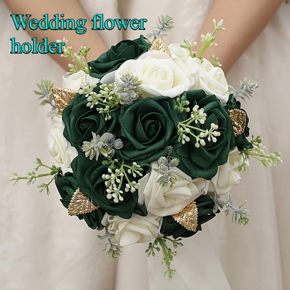 Green Bridal Bouquet with White Roses, 6.7 x 9.1 Inch Artificial Silk Flower Wedding Bouquet for Bride Bridesmaid, Emerald Green Rose Arrangement for Ceremony, Reception, Anniversary & Photo Shoot