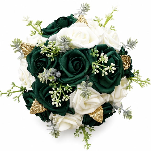 Green Bridal Bouquet with White Roses, 6.7 x 9.1 Inch Artificial Silk Flower Wedding Bouquet for Bride Bridesmaid, Emerald Green Rose Arrangement for Ceremony, Reception, Anniversary & Photo Shoot