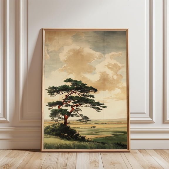 Green British Landscape Poster Lone Tree Countryside Art Vintage Rural Field Scene Home Decor Office Wall Art