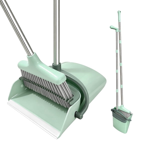 VOVMIIN Broom and Dustpan Set with Cleaning Teeth for Home Floors Broom and DustPan Combo with Long Handle for Home Office Kitchen, Green