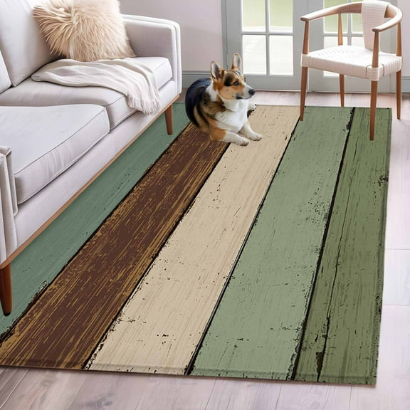 Green Brown Area Rug 4x6 Washable Rug Non Slip Country Wood Grain Abstract Stripe Large Area Rug Indoor Floor Carpet for Entryway Bedroom Kitchen Living Room Home Office Dining Room Nursery