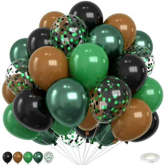 Green and Brown Balloons, 50PCS 12 Inch Metallic Avocado Dark Green Khaki Black Confetti Balloon with Ribbon for Jungle Safari Theme Camo Birthday Baby Shower Party Decorations