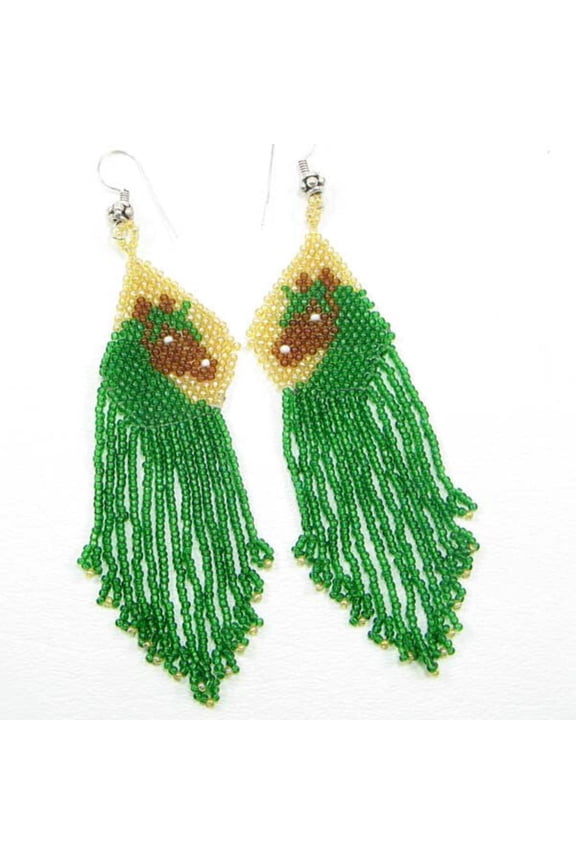 Green Brown Beaded Horse Beadwork Earrings.