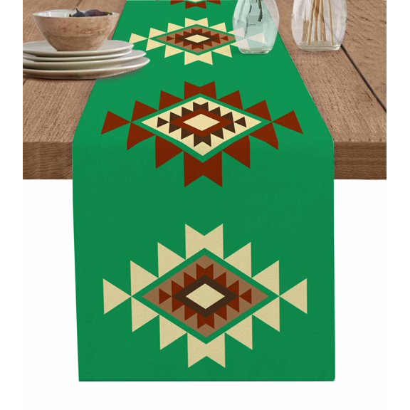 Green Brown Boho Burlap Cotton Table Runner 18x72 Inches Long, Country Simple Abstract Ethnic Geometric Farmhouse Table Runners, Outdoor Dining Tablecloths Decor for Baby Shower/Party/Wedding