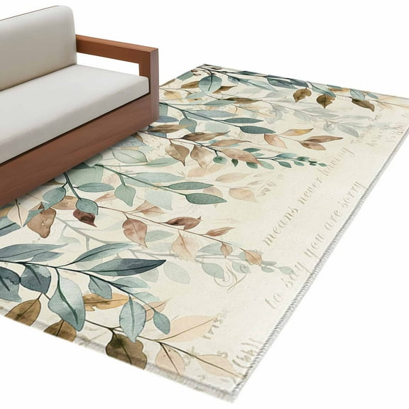 Green Brown Botanical Area Rug 3x5 FT, Non Slip Entryway Bedside Carpet, Farmhouse Eucalyptus Leaves Rustic Washable Soft Floor Carpet Indoor Mat Non-Shedding Throw Rug for Dorm Kitchen Home Office