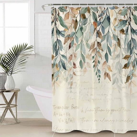 Green Brown Botanical Bathroom Curtain 72 Inch Shower Curtain with Hooks, Farmhouse Eucalyptus Leaves Rustic Waterproof Polyester Bath Curtain Washable Bathtub Curtain 48''x 72''