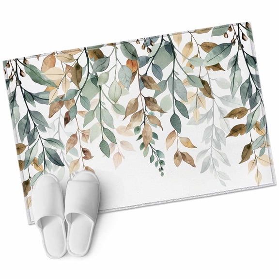 Green Brown Botanical Bathroom Mat 2x3 FT, Non Slip Small Kitchen Mat, Farmhouse Eucalyptus Leaves Washable Soft Backed Front Door Throw Rug Non-Shedding Indoor Outdoor Doormat for Entryway Sink