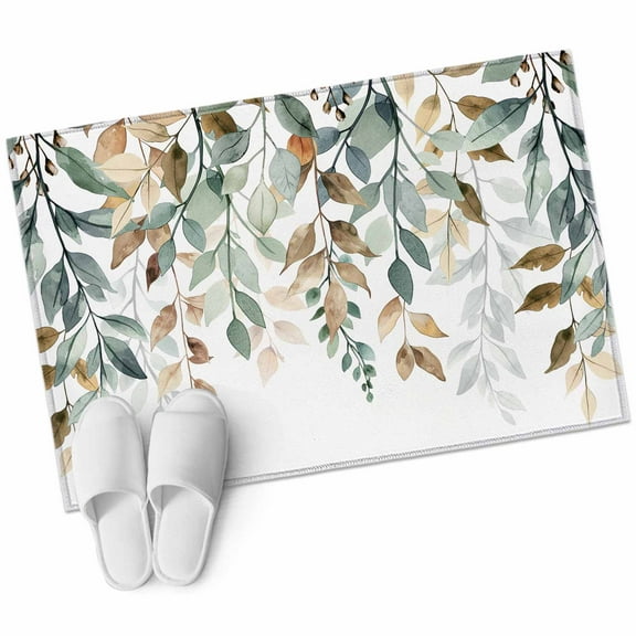 Green Brown Botanical Bathroom Mat 2x3 FT, Non Slip Small Kitchen Mat, Farmhouse Eucalyptus Leaves Washable Soft Backed Front Door Throw Rug Non-Shedding Indoor Outdoor Doormat for Entryway Sink