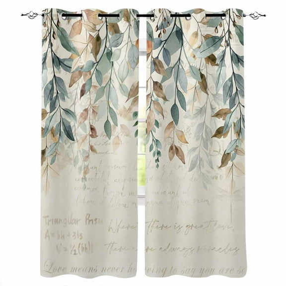Green Brown Botanical Blackout Curtains | Light Blocking Print Window Curtains, Farmhouse Eucalyptus Leaves Rustic Thermal Insulated Window Drapes for Living Room Kitchen (2 Panels, 55"W x 39"L)
