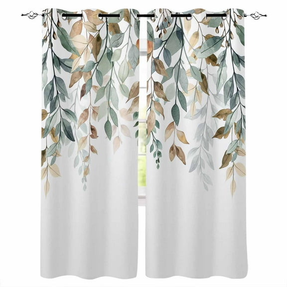Green Brown Botanical Blackout Curtains | Light Blocking Print Window Curtains, Farmhouse Eucalyptus Leaves Thermal Insulated Window Drapes for Living Room Kitchen Cafe (2 Panels, 84"W x 84"L)