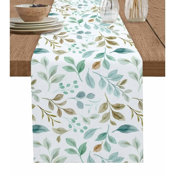 Green Brown Botanical Burlap-Cotton Table Runner 36 Inches Long,Pastoral Leaf Watercolor Farmhouse Table Runners,Outdoor Dining Tablecloths Decor for Baby Shower Party Wedding 13x36