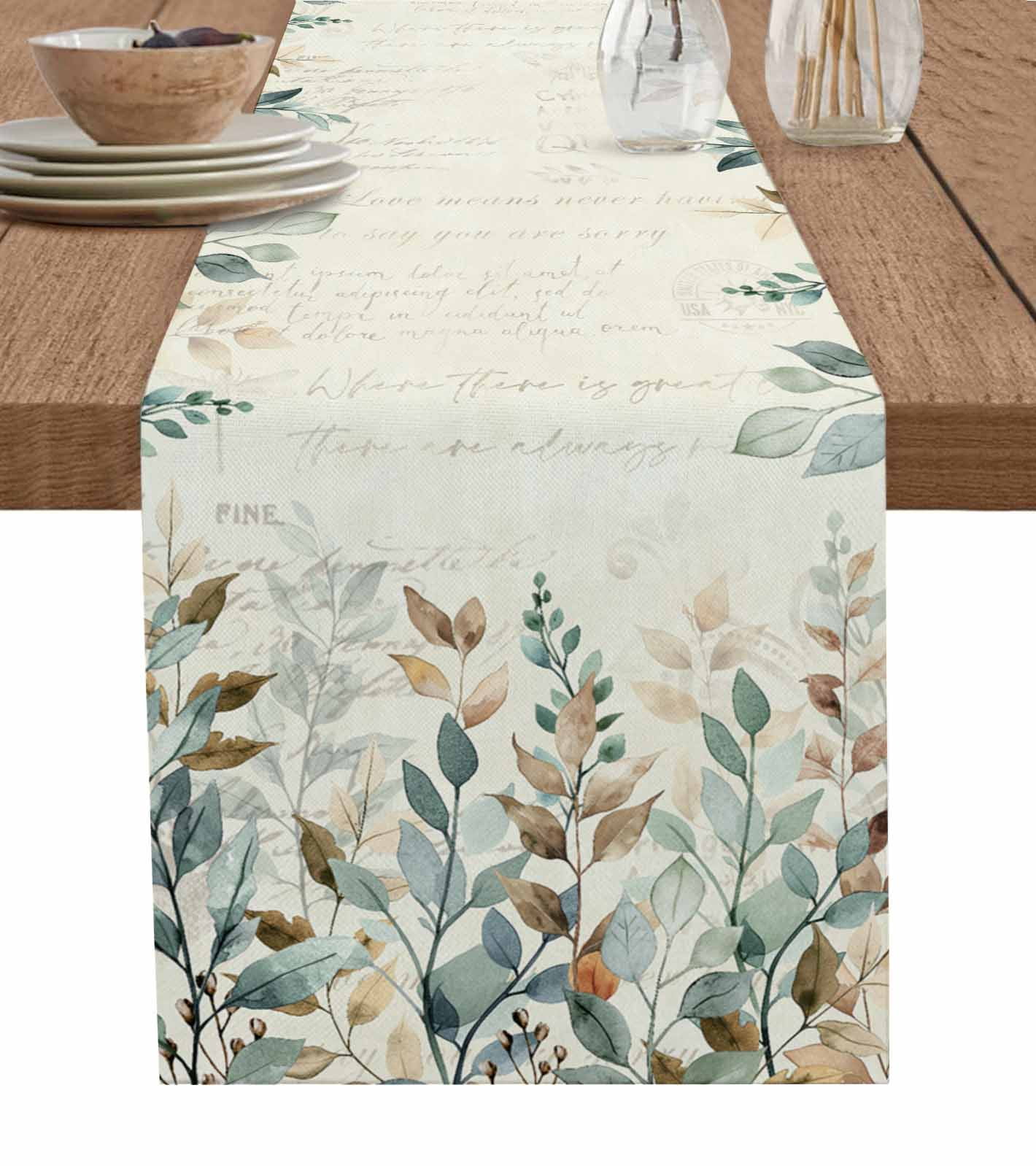 Green Brown Botanical Burlap-Cotton Table Runner 70 Inches Long ...