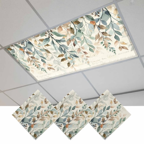 Green Brown Botanical Fluorescent Light Covers, Farmhouse Eucalyptus Leaves Rustic Magnetic Light Covers for Ceiling Lights, Fluorescent Ceiling Shade for Classroom Bedroom Office 4x2Ft x 3PCS