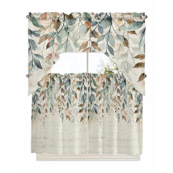 Green Brown Botanical Kitchen Curtains Swag Valance and Tier Curtains Set 36 Inch Length, Farmhouse Eucalyptus Leaves Rustic Rod Pocket Drape Panels Pair Swag Curtains for Bathroom/Cafe/Window