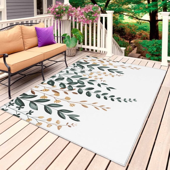 Green Brown Botanical Outdoor Rug for Patio/Deck/Porch, Non-Slip Large Area Rug 5 x 7 Ft, Weeping Leaf Watercolor Indoor Outdoor Rugs Washable Area Rugs, Reversible Camping Rug Carpet Runner