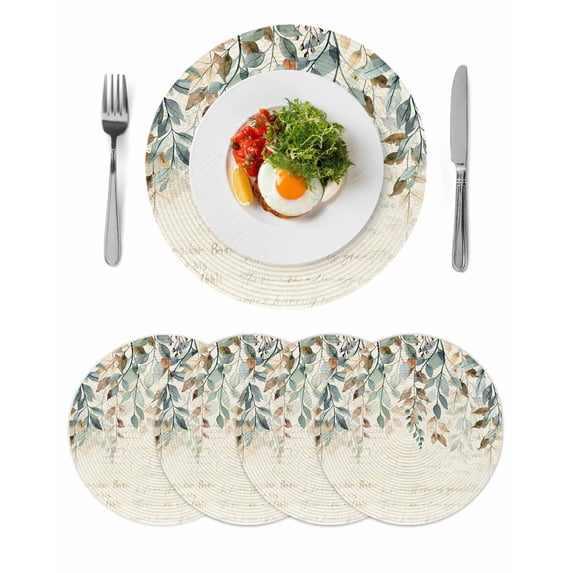 Green Brown Botanical Round 13 Inch Placemats Set of 4, Farmhouse Eucalyptus Leaves Rustic HeatResistant Non Slip Place Mats for Dining Table, Wipeable Braided Kitchen Table Mats for Housewarming