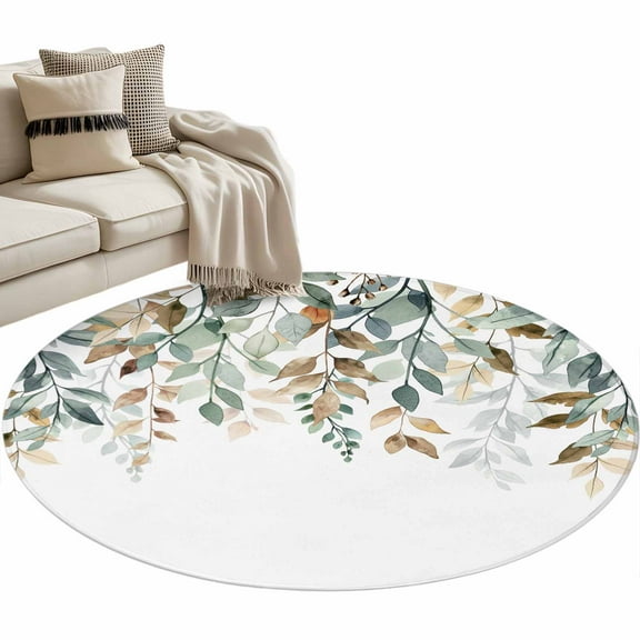 Green Brown Botanical Round Area Rug 4 FT, Non Slip Indoor Outdoor Rug, Farmhouse Eucalyptus Leaves Washable Soft Circular Carpet Non-Shedding Floor Mat for Coffee Table Nursery Foyer Balcony