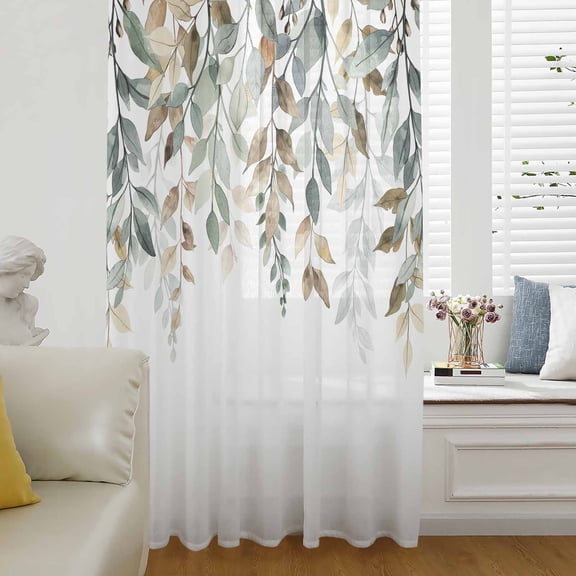 Green Brown Botanical Semi Sheer Curtains Drapes for Living Room, Bedroom, French Doors Window 63 Inches Long, Farmhouse Eucalyptus Leaves Rod Pocket Chiffon Curtain Drapery Voile Draperies Panel