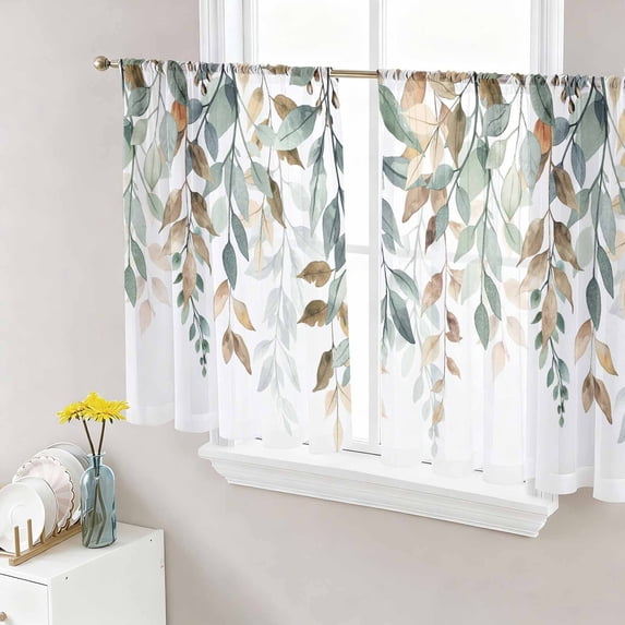 Green Brown Botanical Semi Sheer Window Curtains 54 Inches Long, Farmhouse Eucalyptus Leaves Rod Pocket Voile Silky Chiffon Curtain Light Filtering Drapes for Living Room, Kitchen, 52"x54", 2 Panels