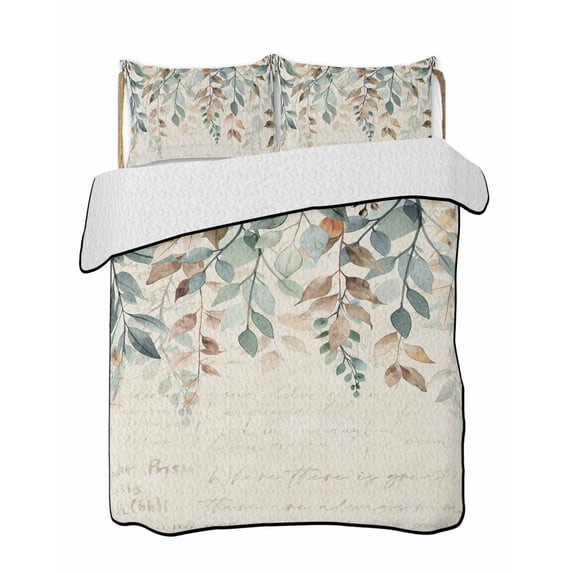 Green Brown Botanical Summer Quilt Set Twin Size,Soft Quilted Bedding Set with 2 Pillow Shams,Farmhouse Eucalyptus Leaves Rustic Lightweight All Season Bedspread Coverlet for Bedroom 68"x86"