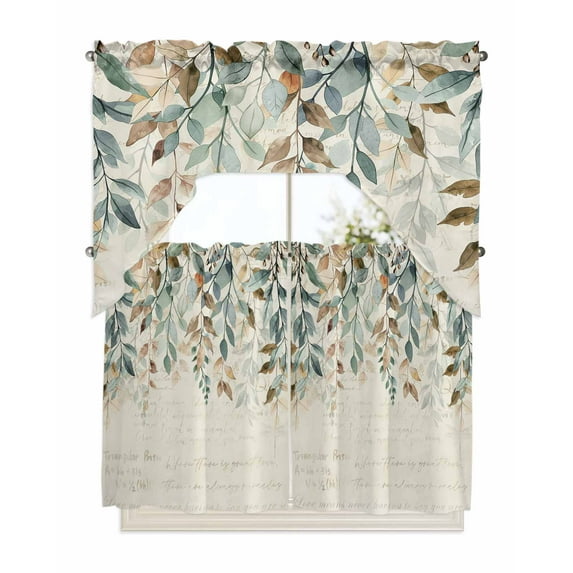 Green Brown Botanical Swag Valance and Tier Curtains 36'' Length Set, Farmhouse Eucalyptus Leaves Rustic Light Filtering Kitchen Curtains, Tier Curtain Valances for Bathroom/Living Room/Bedroom/Café