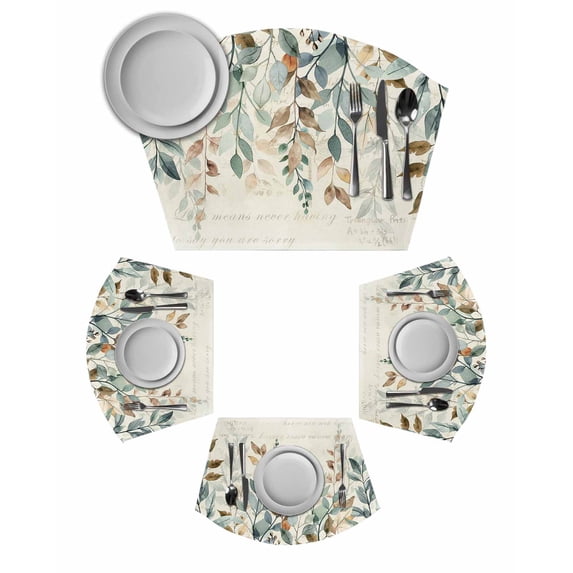 Green Brown Botanical Wedge Shaped Placemats Set of 2, Cotton Linen Fan Place Mats, Farmhouse Eucalyptus Leaves Rustic Washable Table Mats for Holiday Wedding Party Dinning Coffee Tables 11.8"x17.5"