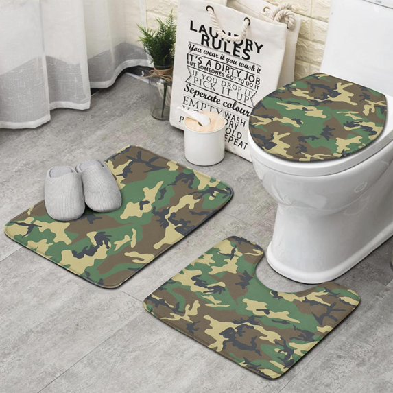 Green Brown Camo Classic Pattern Bathroom Rugs Sets 3 Piece,Toilet Cover Set,Absorbent Non Slip Bathroom Mats Sets with U-Shaped Contour Rug Toilet Rug Set