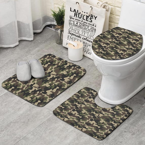 Green Brown Camo Classic Shapes Pattern Bathroom Rugs Sets 3 Piece,Toilet Cover Set,Absorbent Non Slip Bathroom Mats Sets with U-Shaped Contour Rug Toilet Rug Set