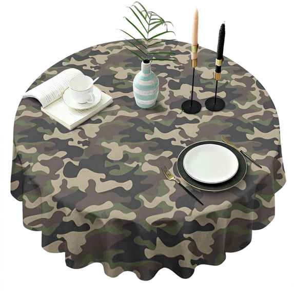 Green Brown Camo Classic Shapes Pattern Round Tablecloth 60"x60",Wrinkle Wipeable Table Cloth for Kitchen Dining Room Picnic Patio Party