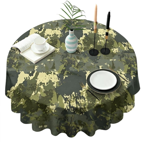 Green Brown Camo Forest Pattern Round Tablecloth 60"x60",Wrinkle Wipeable Table Cloth for Kitchen Dining Room Picnic Patio Party