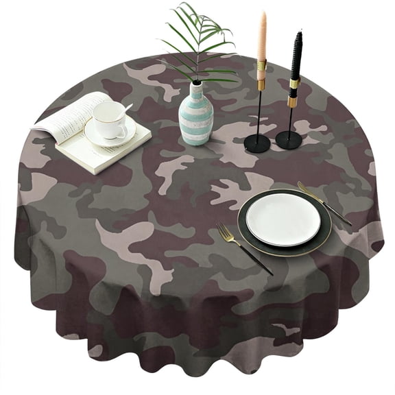 Green Brown Camo Mixed Shapes Pattern Round Tablecloth 60"x60",Wrinkle Wipeable Table Cloth for Kitchen Dining Room Picnic Patio Party