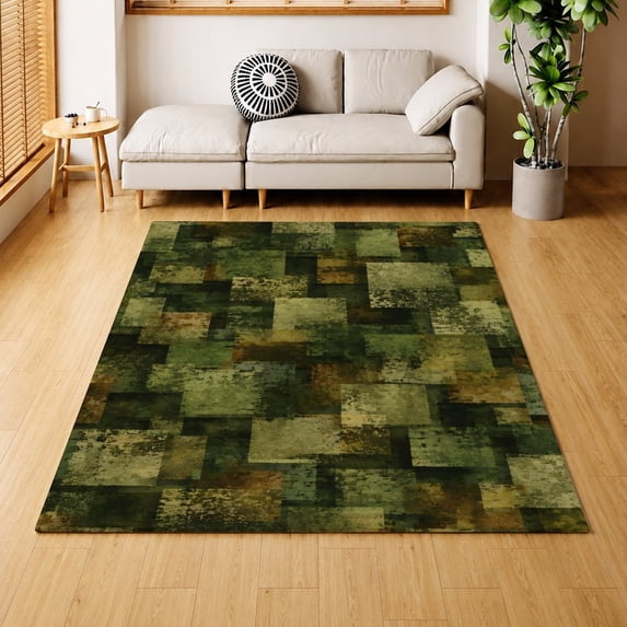Green Brown Camouflage Pixel Area Rug Thin Low Pile Velvet Carpet for ...