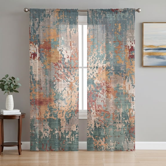 Green Brown Copper Rust Sheer Curtains 84 Inches Long, Retro Industrial Mottled Art Light Filtering Window Curtains for Living Room, Rod Pocket Voile Sheer Curtain Drapes, 52"W x 84"L, 2 Panels