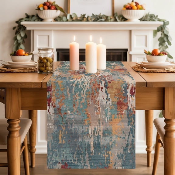 Green Brown Copper Rust Table Runner, Abstract Vintage Industrial Minimalist Washable Cotton-linen Table Runners Dining Kitchen Decoration for Everyday Home Wedding Party Decor, 18 x72 Inch