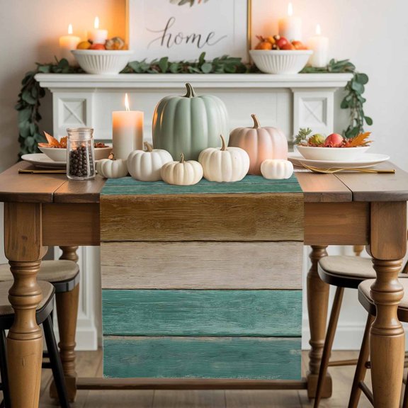 Green Brown Cotton Linen Table Runner, Washable Table Runners for Kitchen, Dining Room, Holiday, Home Party Table Decor, 13x108 Inches