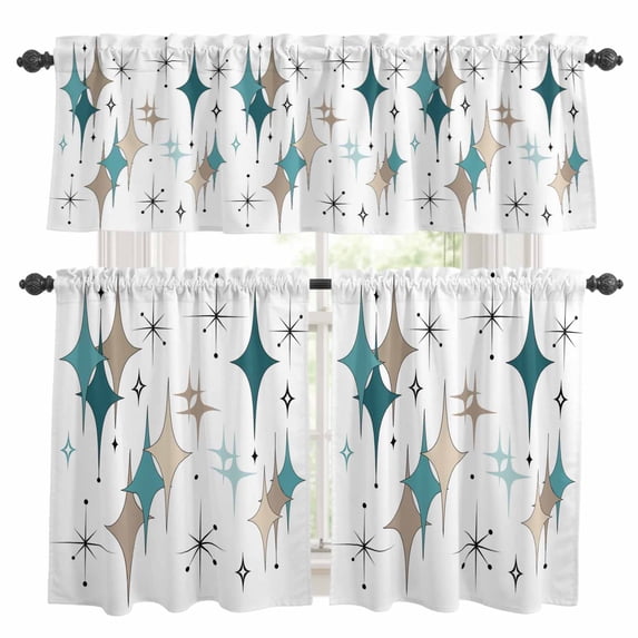 Green Brown Diamond Kitchen Curtains Sets for Windows 36 Inch Length, Modern Geometric Middle Century Rod Pocket Window Treatments Tier Curtains and Valances Set for Bedroom/Bathroom