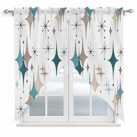 Green Brown Diamond Swag Valances for Windows, Kitchen Curtains 36 Inch Length 2 Panels Set, Modern Geometric Middle Century Short Curtains for Small Windows Rod Pocket Cafe Curtains Drapes 28"x36"